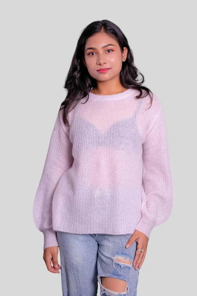 Luxurious Italian Cashmere Crew Neck Pullover on Woman in Pink Sweater and Ripped Jeans