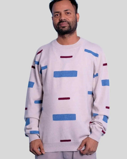 Man in pink Italian Cashmere Crew Neck Sweater with stripes