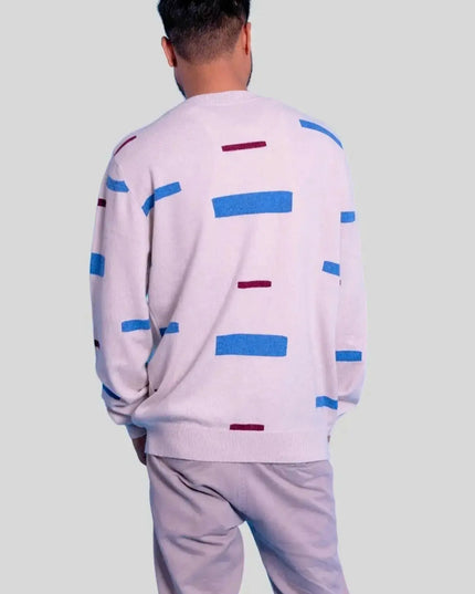 Luxurious Italian Cashmere mens crew neck sweater in pink and blue outfit