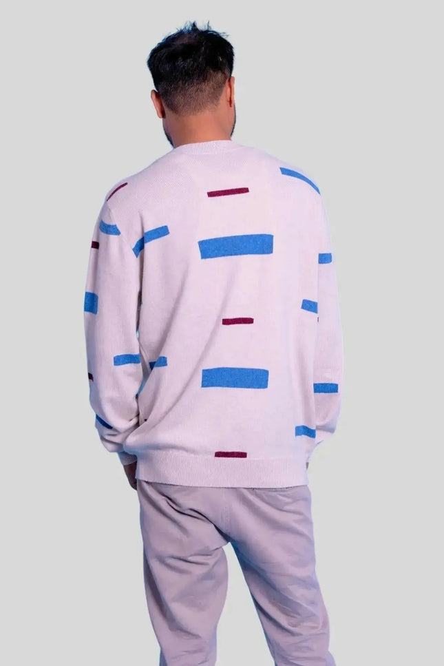 Luxurious Italian Cashmere mens crew neck sweater in pink and blue outfit