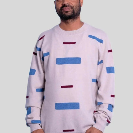 Luxurious Italian Cashmere Crew Neck Sweater for Men in Pink with Blue and Red Stripes