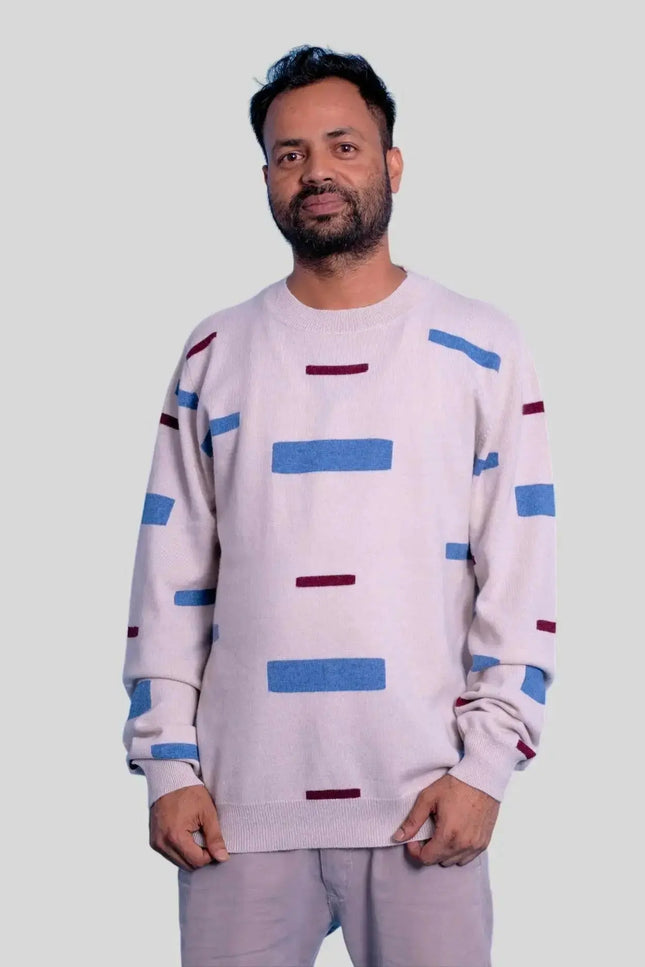 Luxurious Italian Cashmere Crew Neck Sweater for Men in Pink with Blue and Red Stripes