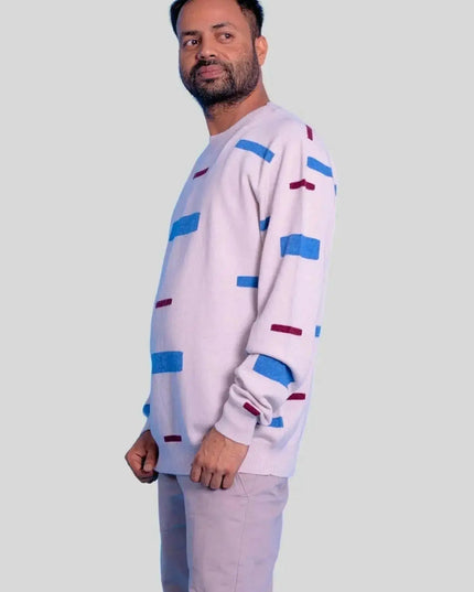 Man in white sweater and blue pants wearing Luxurious Italian Cashmere Crew Neck Sweater