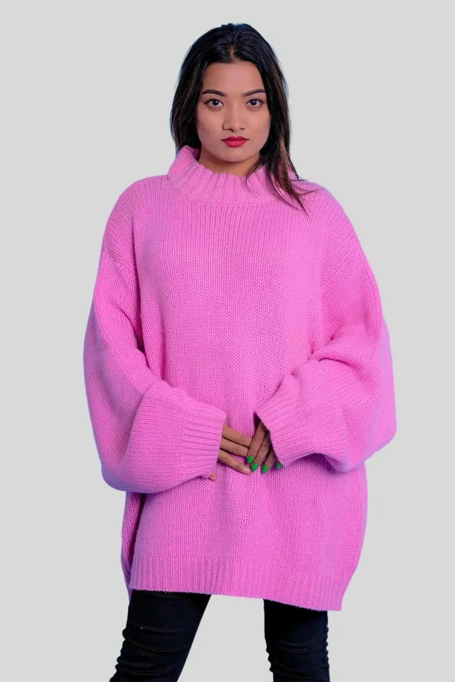 Luxurious Italian Cashmere Crew Neck Sweater featuring a woman in pink sweater and black jeans
