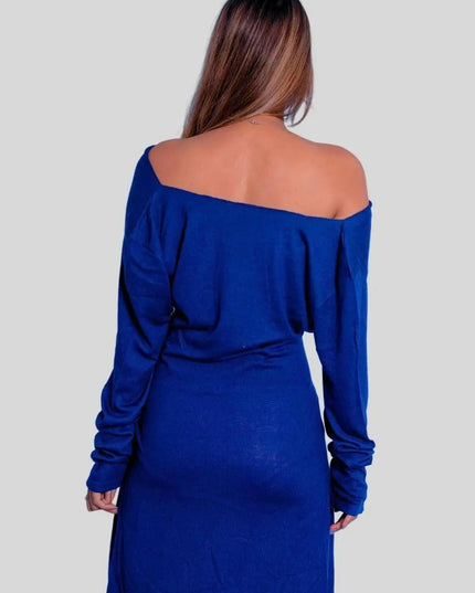 Luxurious Italian Cashmere Dress - Blue long sleeve dress worn by woman