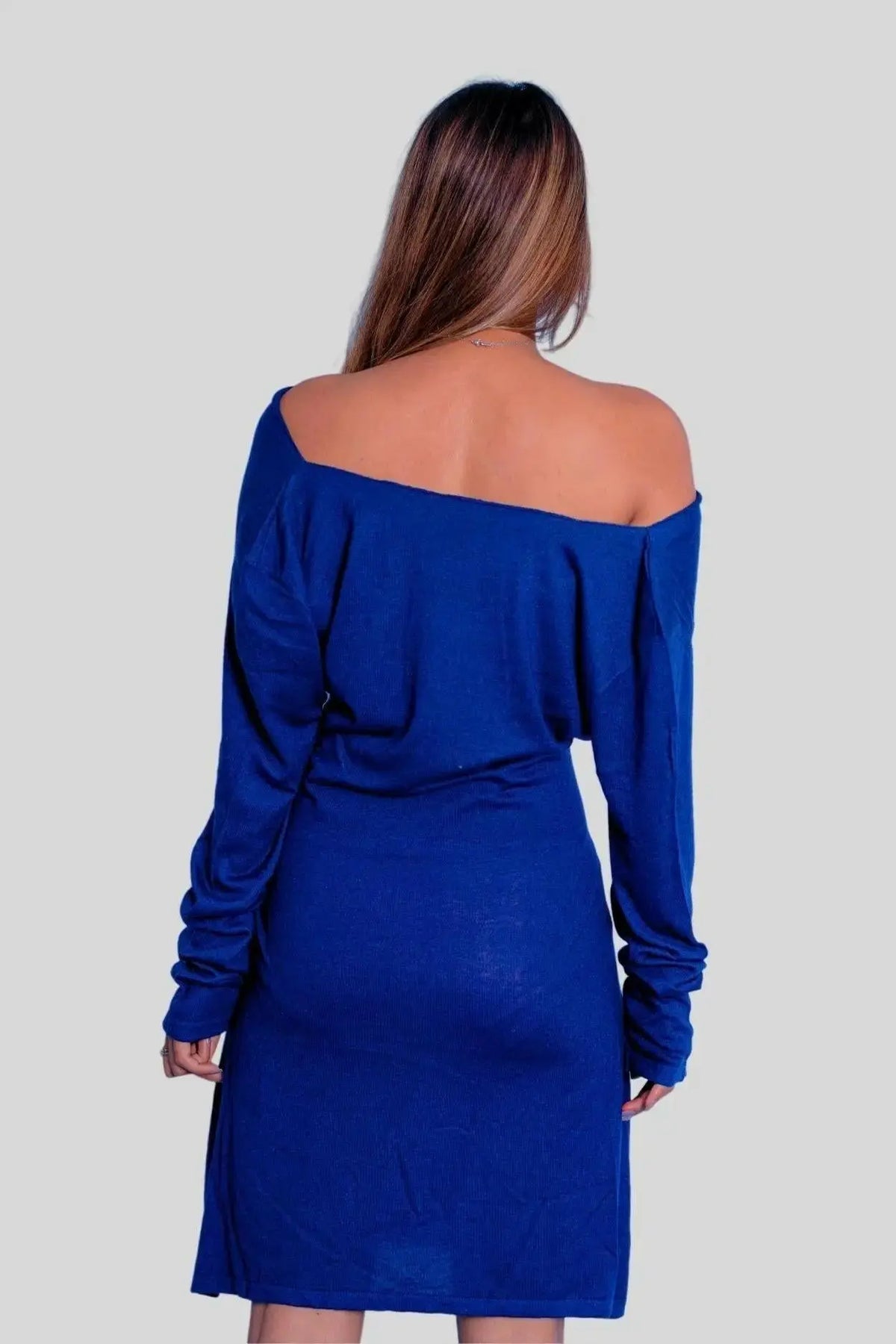 Luxurious Italian Cashmere Dress - Blue long sleeve dress worn by woman