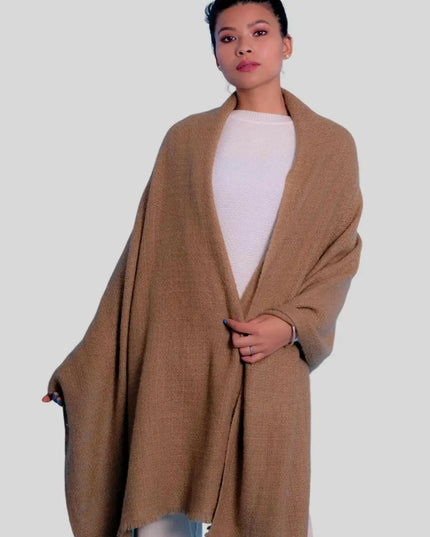 Woman wearing brown shawl and white shirt with Luxurious Italian Cashmere Handspun Scarf