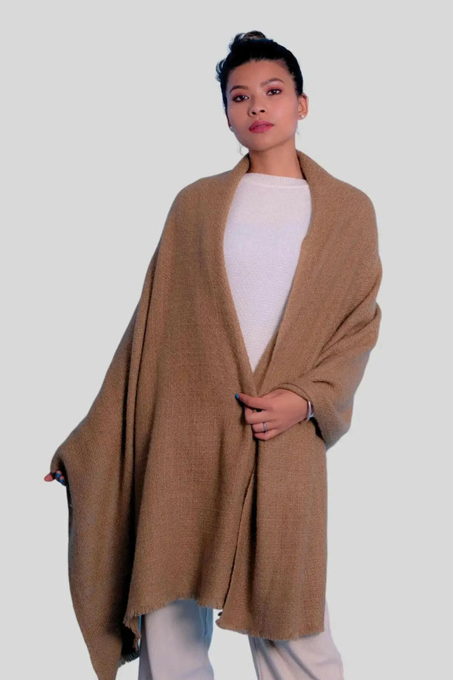 Woman wearing brown shawl and white shirt with Luxurious Italian Cashmere Handspun Scarf