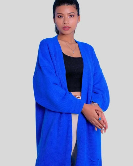 Luxurious Italian Cashmere Long Cardigan - Woman wearing blue cardigan sweater