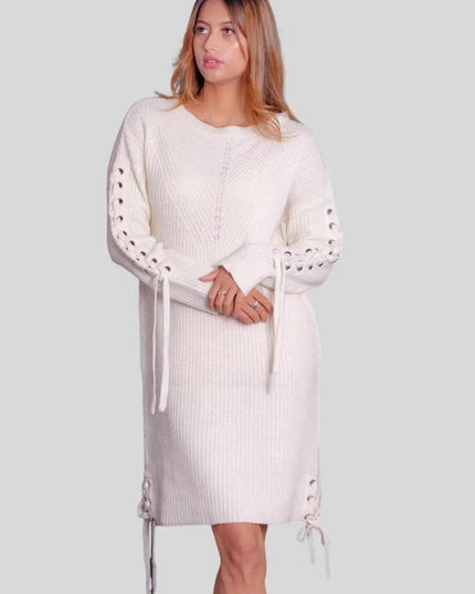 Luxurious Italian Cashmere Long Dress - White sweater dress with tie waist worn by woman