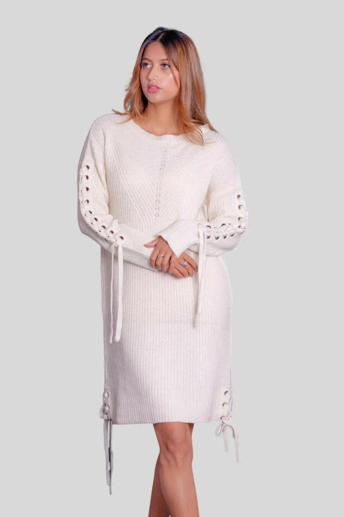Luxurious Italian Cashmere Long Dress - White sweater dress with tie waist worn by woman
