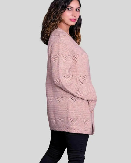 Luxurious Italian Cashmere Open Cardigan featuring a woman in a pink sweater and black jeans