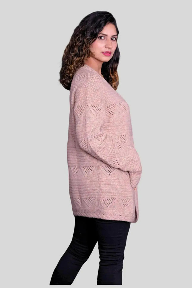 Luxurious Italian Cashmere Open Cardigan featuring a woman in a pink sweater and black jeans