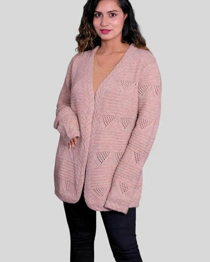 Woman wearing pink cashmere open cardigan