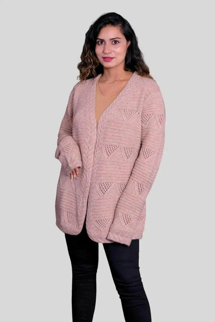 Woman wearing pink cashmere open cardigan