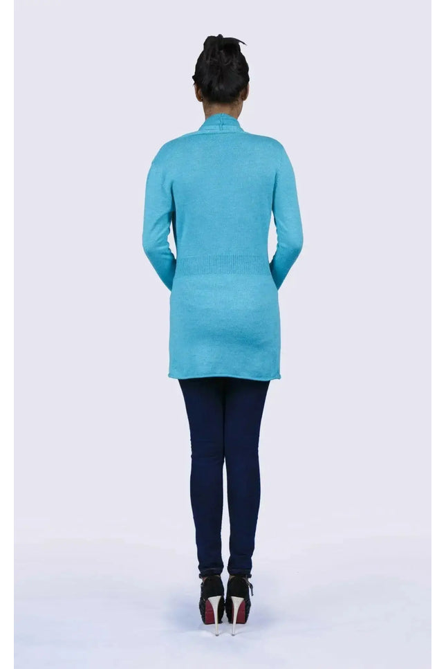 Woman in blue cashmere open pocket garment