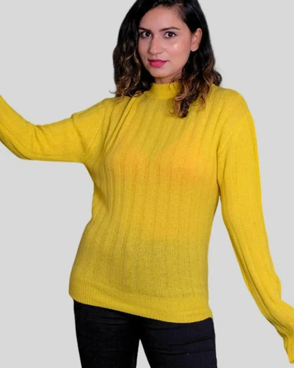Luxurious Italian Cashmere Pullover featuring a woman in a yellow sweater