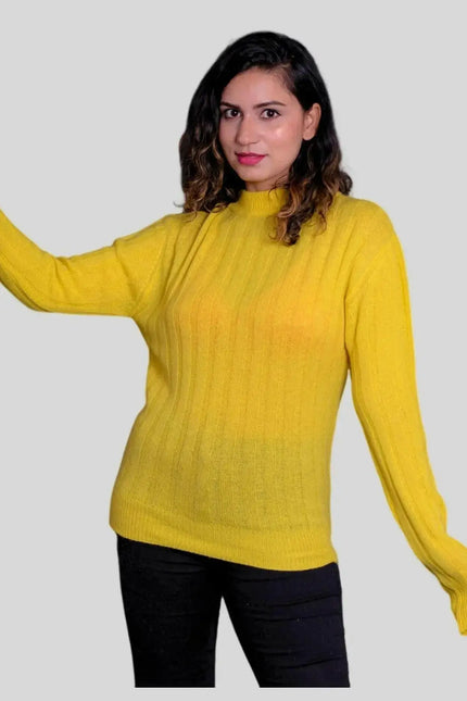 Luxurious Italian Cashmere Pullover featuring a woman in a yellow sweater