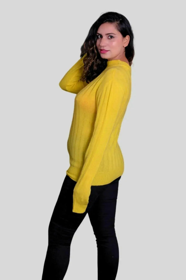 Luxurious Italian Cashmere Pullover showcasing woman in yellow sweater and black pants