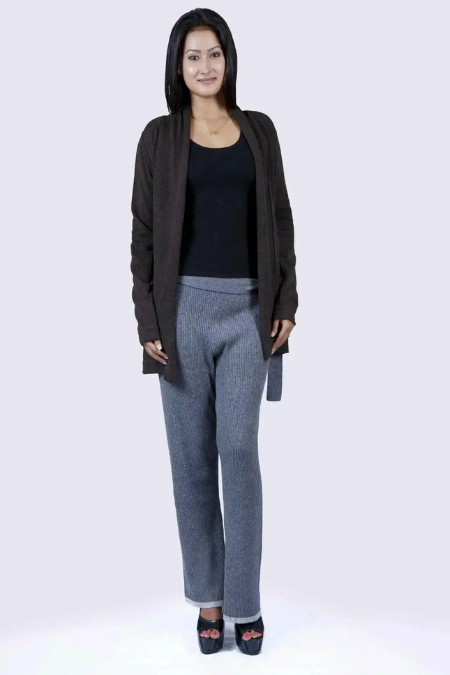Woman in black top and grey pants wearing Luxurious Italian Cashmere Ribbed Bottom with Mid Rise Waistline