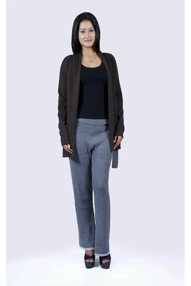 Woman in black top and grey pants wearing Luxurious Italian Cashmere Ribbed Bottom with Mid Rise Waistline