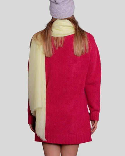 Luxurious Italian Cashmere Ribbed Brim Hat - Woman wearing red sweater and yellow scarf