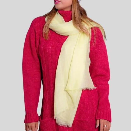 Luxurious Italian Cashmere Ribbed Brim Hat perfect accessory for a woman in red sweater and yellow scarf