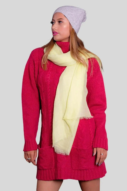 Luxurious Italian Cashmere Ribbed Brim Hat perfect accessory for a woman in red sweater and yellow scarf