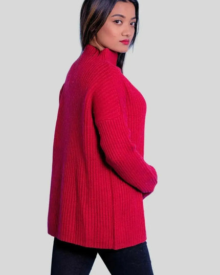 Woman in red sweater and jeans wearing Luxurious Italian Cashmere Ribbed Pullover