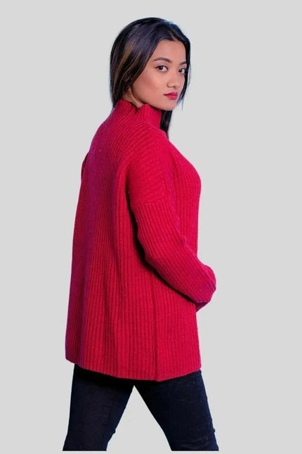 Woman in red sweater and jeans wearing Luxurious Italian Cashmere Ribbed Pullover