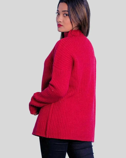 Woman in red sweater and jeans showcasing Luxurious Italian Cashmere Ribbed Pullover