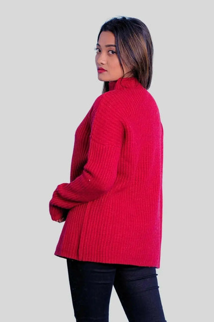Woman in red sweater and jeans showcasing Luxurious Italian Cashmere Ribbed Pullover