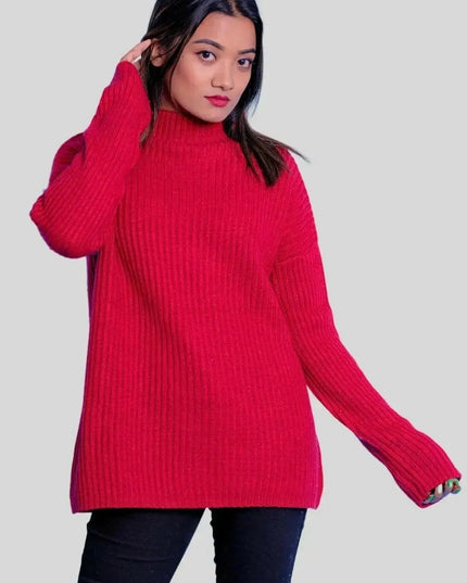 Woman in red sweater and jeans wearing Luxurious Italian Cashmere Ribbed Pullover