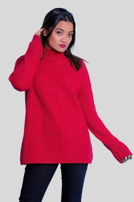 Woman in red sweater and jeans wearing Luxurious Italian Cashmere Ribbed Pullover
