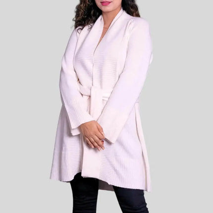 Luxurious Italian Cashmere Robe with woman in white sweater and black pants