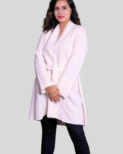 Luxurious Italian Cashmere Robe with woman in white sweater and black pants
