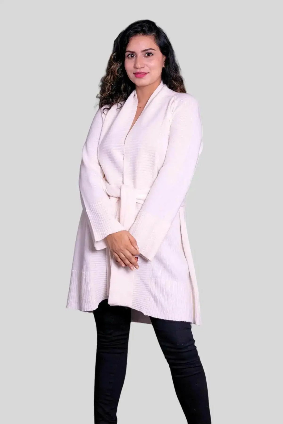 Luxurious Italian Cashmere Robe with woman in white sweater and black pants
