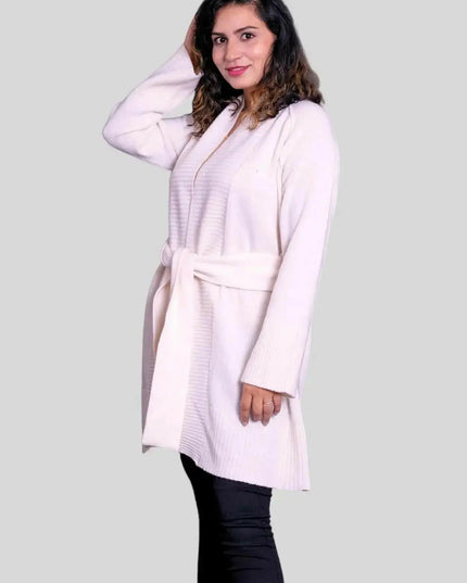 Luxurious Italian Cashmere Robe for Women in White Sweater and Black Pants