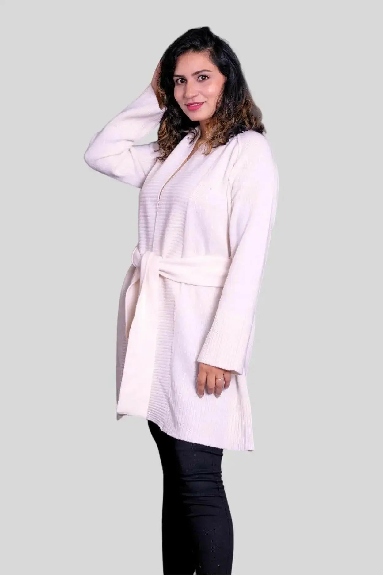Luxurious Italian Cashmere Robe for Women in White Sweater and Black Pants