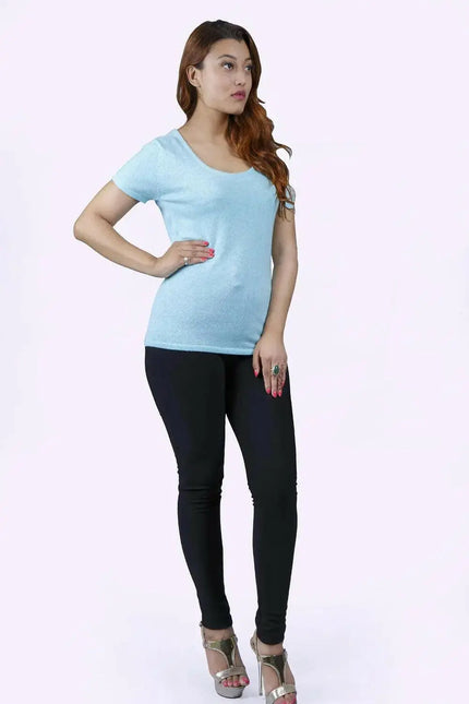 Luxurious Italian Cashmere Round Neck Top for Women in Blue and Black outfit