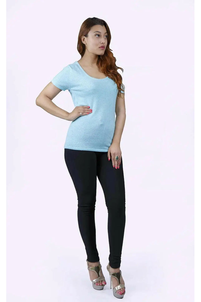 Luxurious Italian Cashmere Round Neck Top for Women in Blue and Black outfit