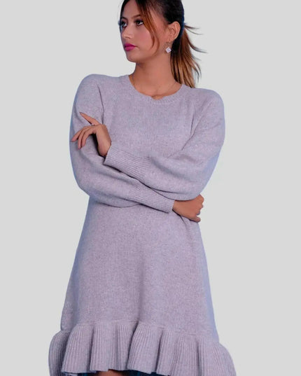 Woman wearing a grey cashmere ruffle dressLuxurious Italian Cashmere Ruffle Dress