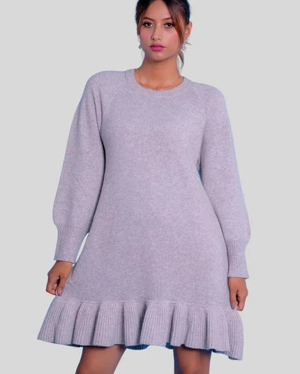 Luxurious Italian Cashmere Ruffle Dress - Woman in Grey Sweater Dress