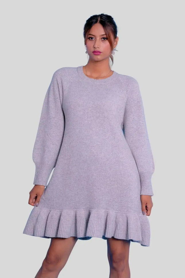Luxurious Italian Cashmere Ruffle Dress - Woman in Grey Sweater Dress