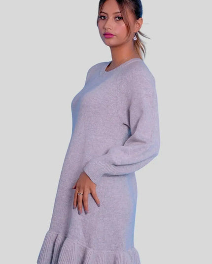 Luxurious Italian Cashmere Ruffle Dress - Woman in Grey Sweater Dress