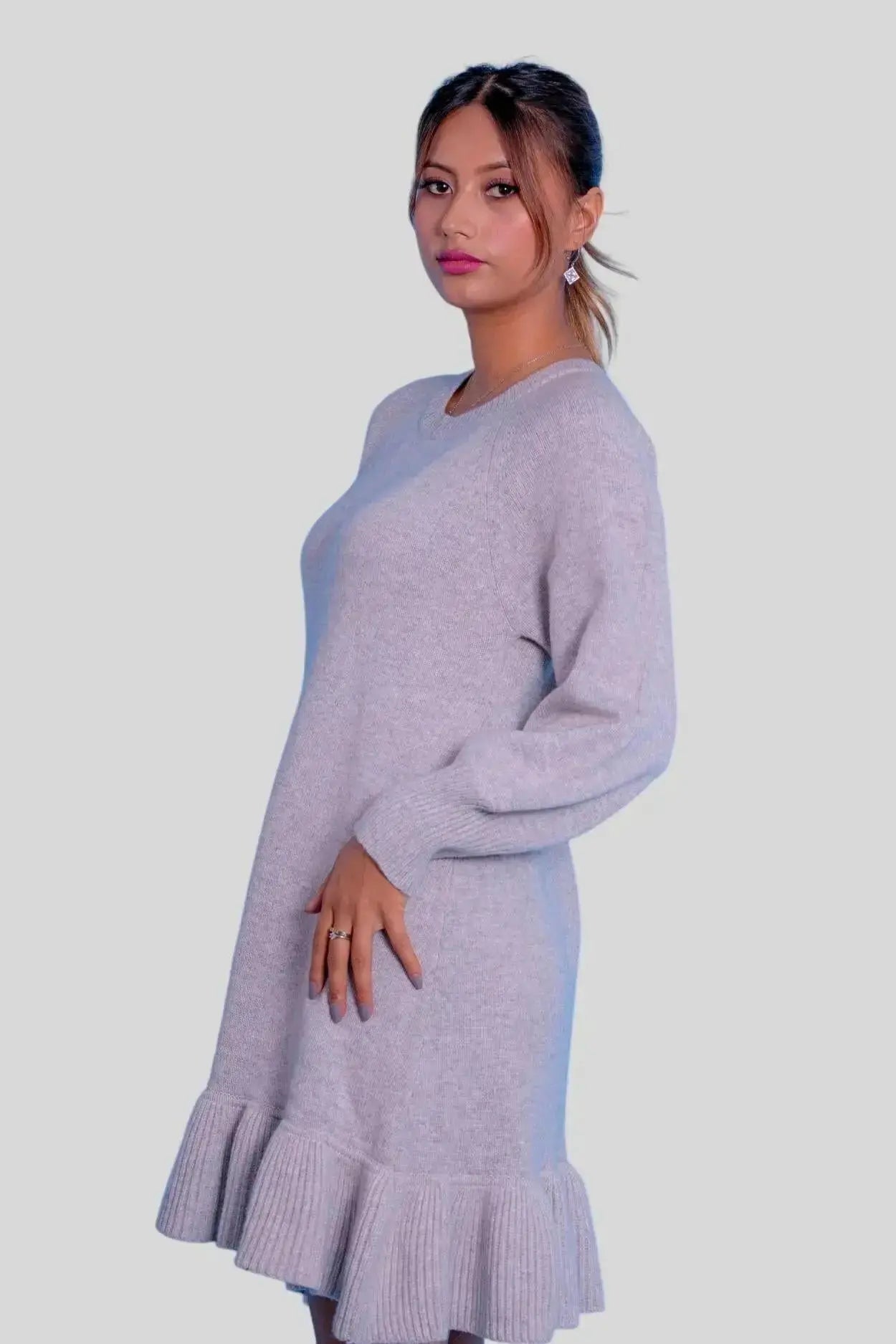 Luxurious Italian Cashmere Ruffle Dress - Woman in Grey Sweater Dress