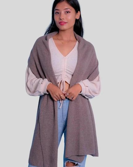 Luxurious Italian Cashmere Scarf - Woman wearing brown shawl