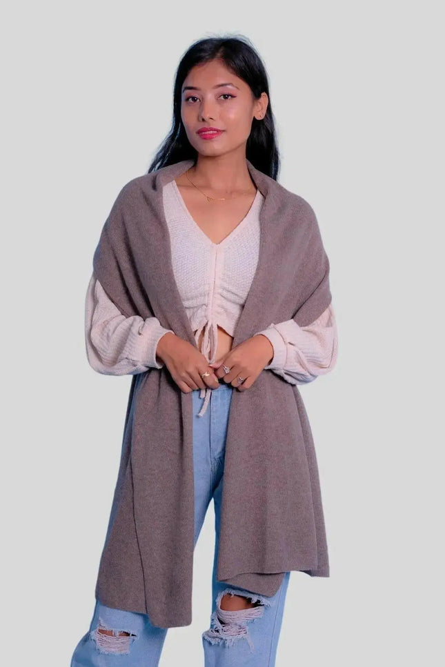 Luxurious Italian Cashmere Scarf - Woman wearing brown shawl