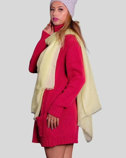 Luxurious Italian Cashmere Scarf featuring a woman in red sweater dress and white hat