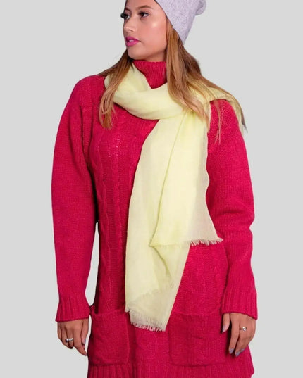 Luxurious Italian Cashmere Scarf in Red sweater and Yellow scarf outfit